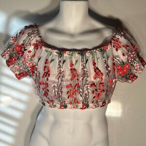Kimchi Blue SZ L Pink & Red Embroidered Peasant Crop Top Boho Romantic Sheer